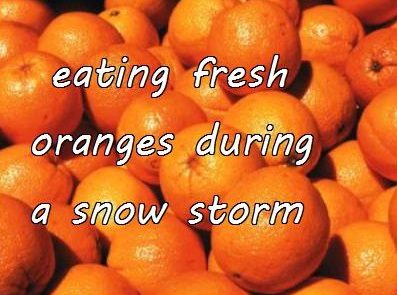 1-14 eating fresh oranges during a snow storm