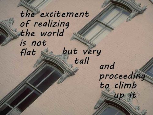 the excitement of realizing the world is not flat but very tall and proceeding to climb up it